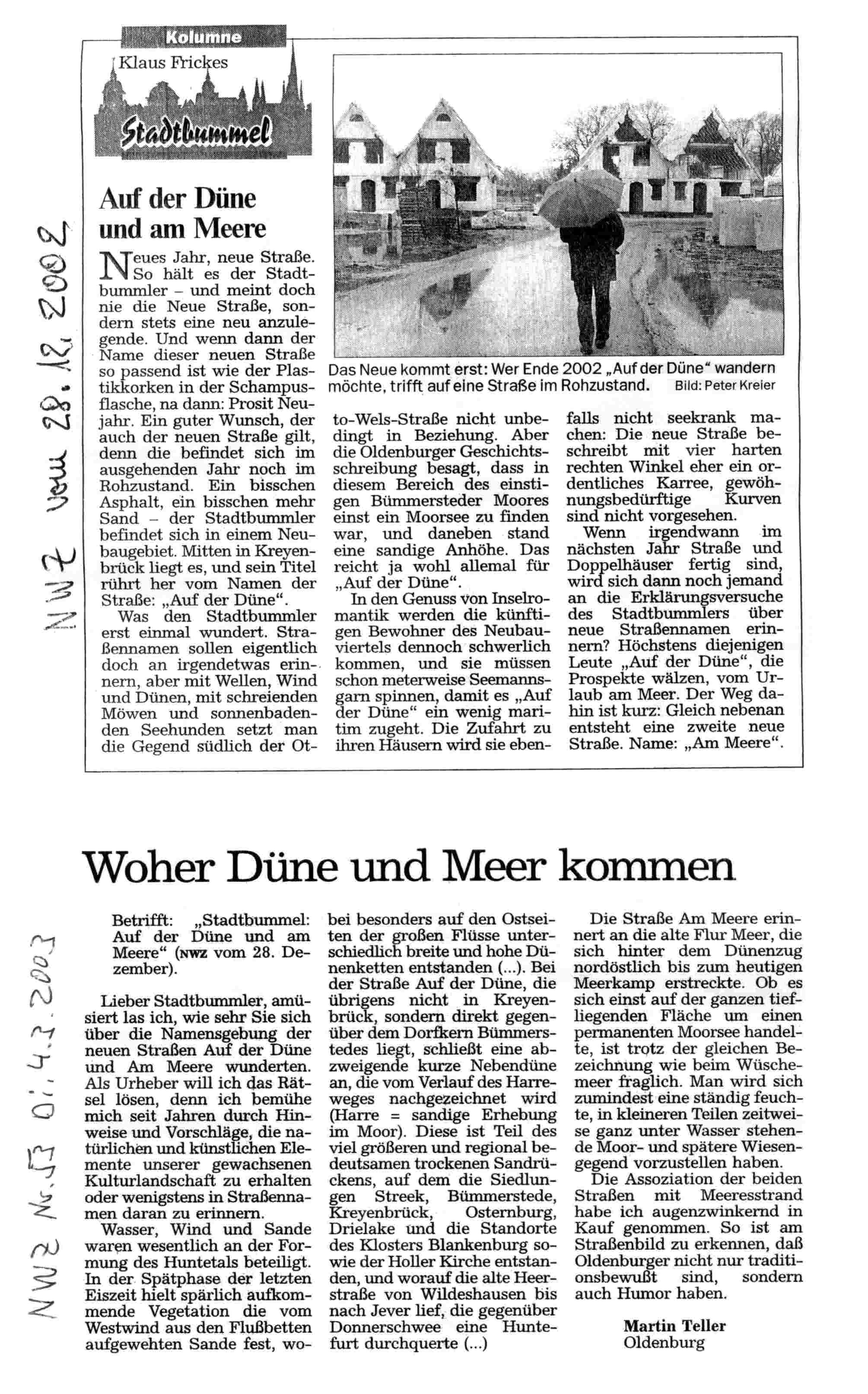 Zwei Zeitungsartikel zu den Oldenburger Straennamen Auf der Dne und Am Meere
